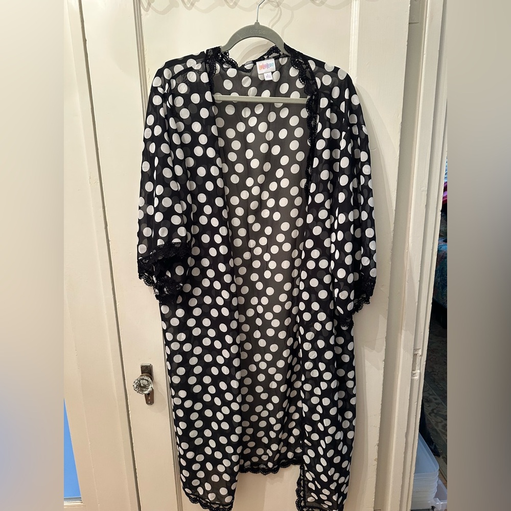 LuLaRoe Polka Dot Print Kimono with Black Lace